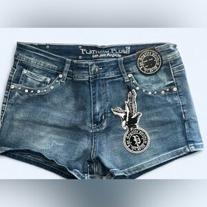 PLATINUM PLUSH LADIES LEATHER CROSS & WING RHINESTONE DENIM SHORTS Size L NWT